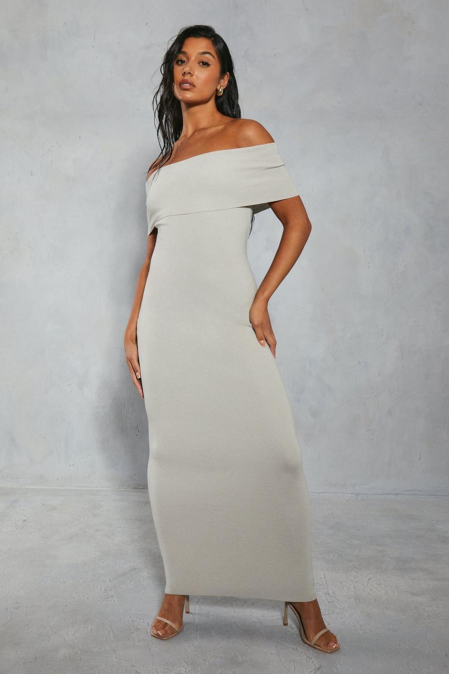 Grey Premium Soft Knit Folded Bardot Maxi Dress image number 1