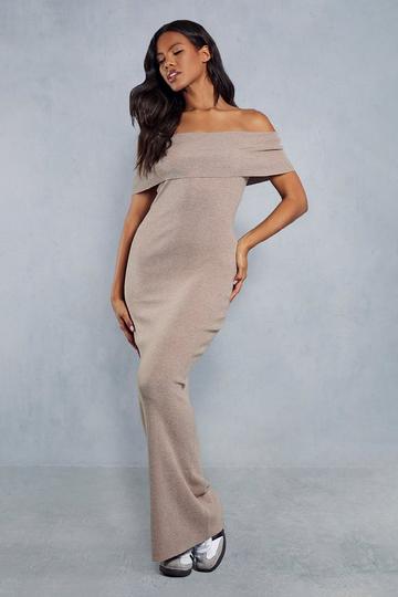 Stone Beige Premium Soft Knit Folded Bardot Maxi Dress