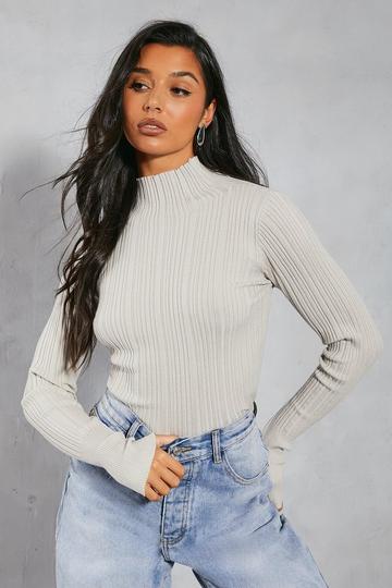 Knitted Ribbed Grown On Neck Top light grey