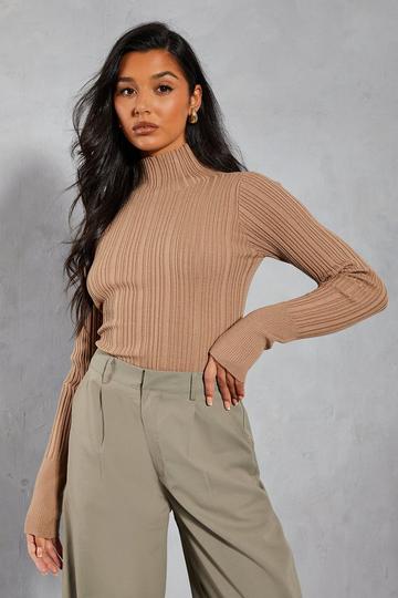 Knitted Ribbed Grown On Neck Top mocha