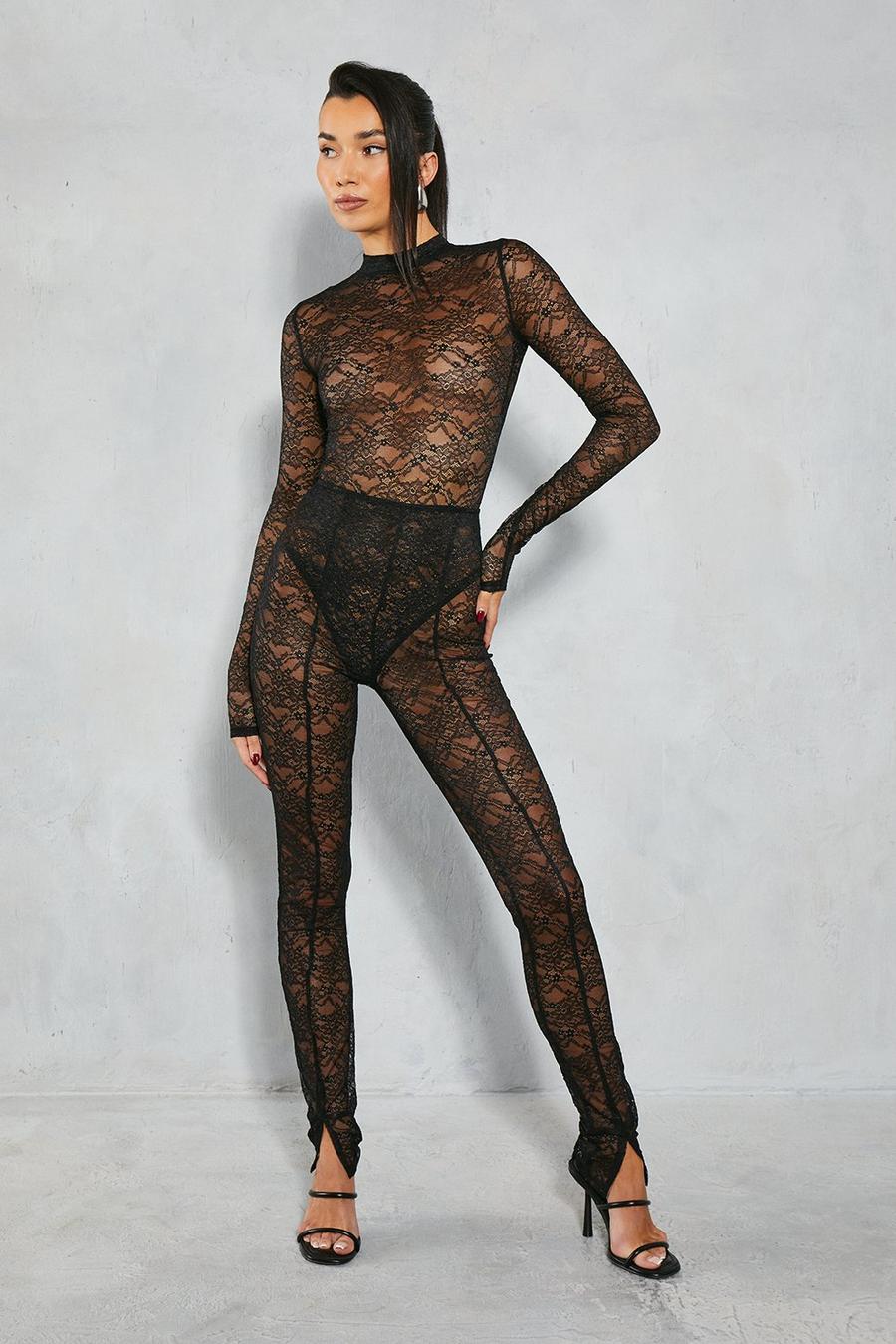 Black Lace High Waist Seam Detail Skinny Trouser image number 1
