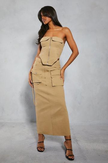 Textured Pocket Utility Maxi Skirt stone