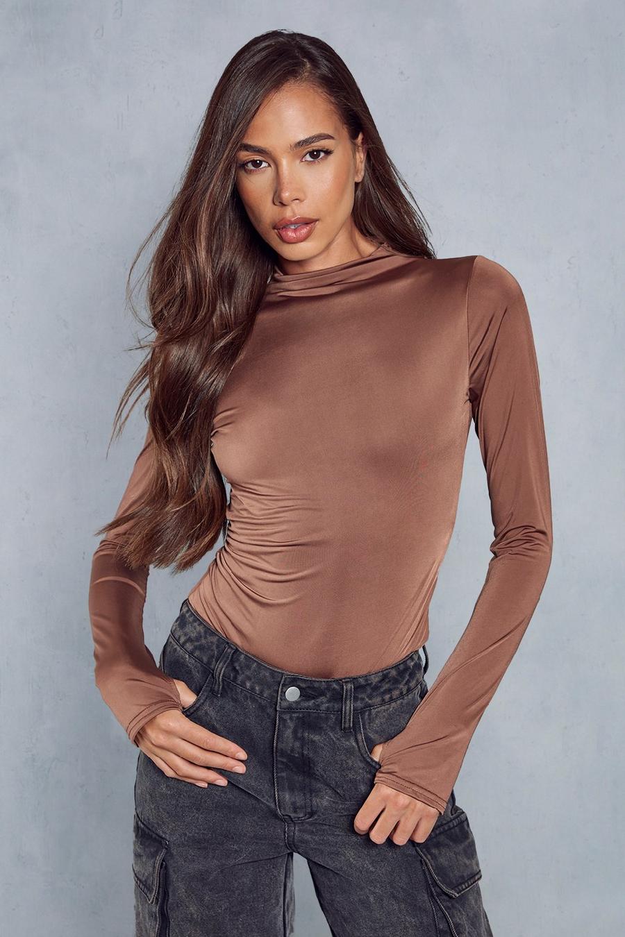 Chocolate Double Layer Slinky Ruched High Neck Bodysuit image number 1