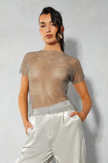 Diamante Fishnet Cap Sleeve Longline Top silver grey