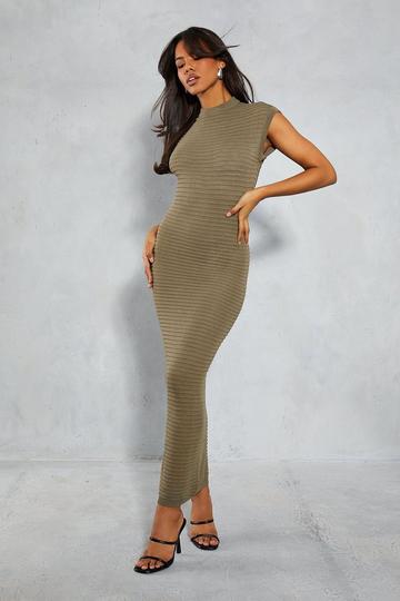 Ribbed Sheer Knit High Neck Maxi Dress khaki