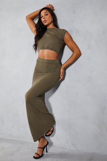 Ribbed Sheer Knit High Neck Top & Maxi Skirt Co-ord khaki