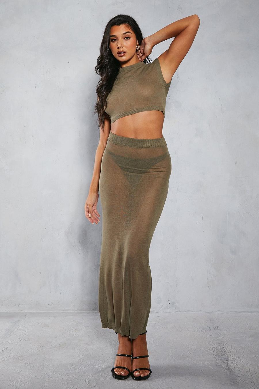 Khaki Sheer Knit High Neck Top & Maxi Skirt Co-ord  image number 1