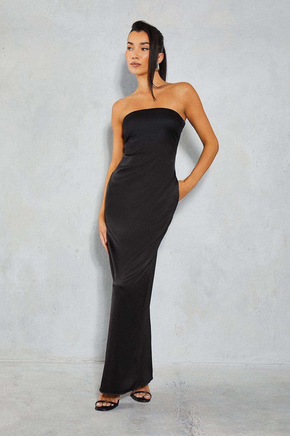 Womens Satin Bandeau Pocket Detail Maxi Dress - Black - 10, Black