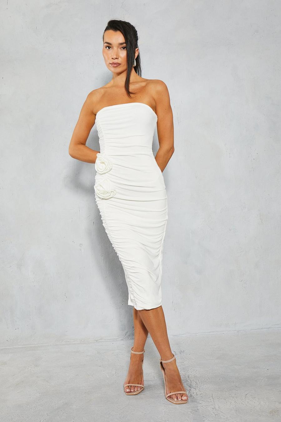 White Ruched Bandeau Corsage Midi Dress