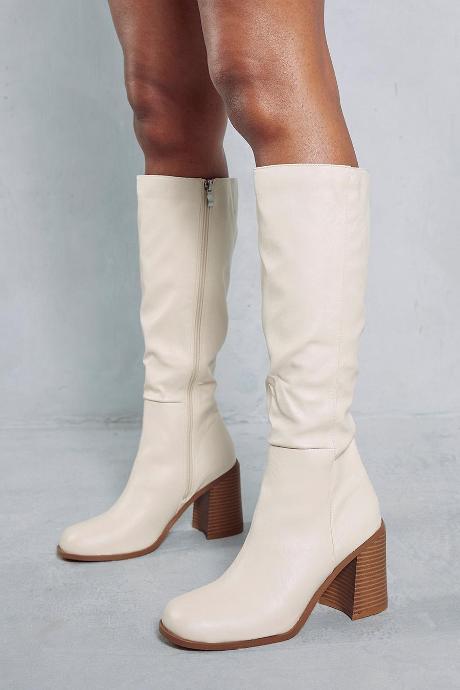 Cream Leather Look Square Toe Knee High Boots image number 1