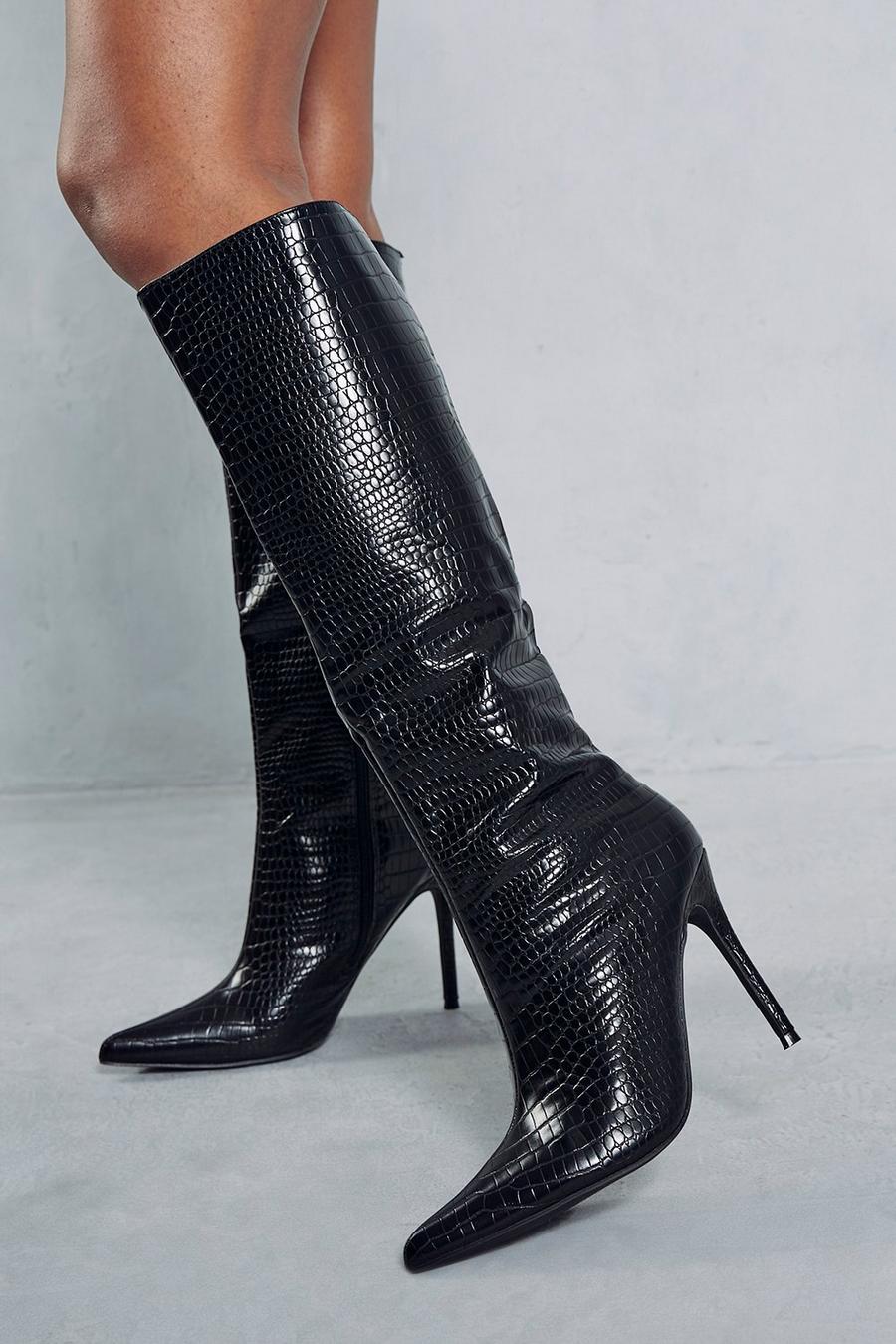 Black Croc Leather Look Pointed Knee High Boots image number 1