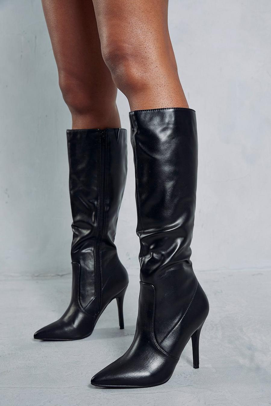Black Leather Look Pointed Knee High Boots image number 1