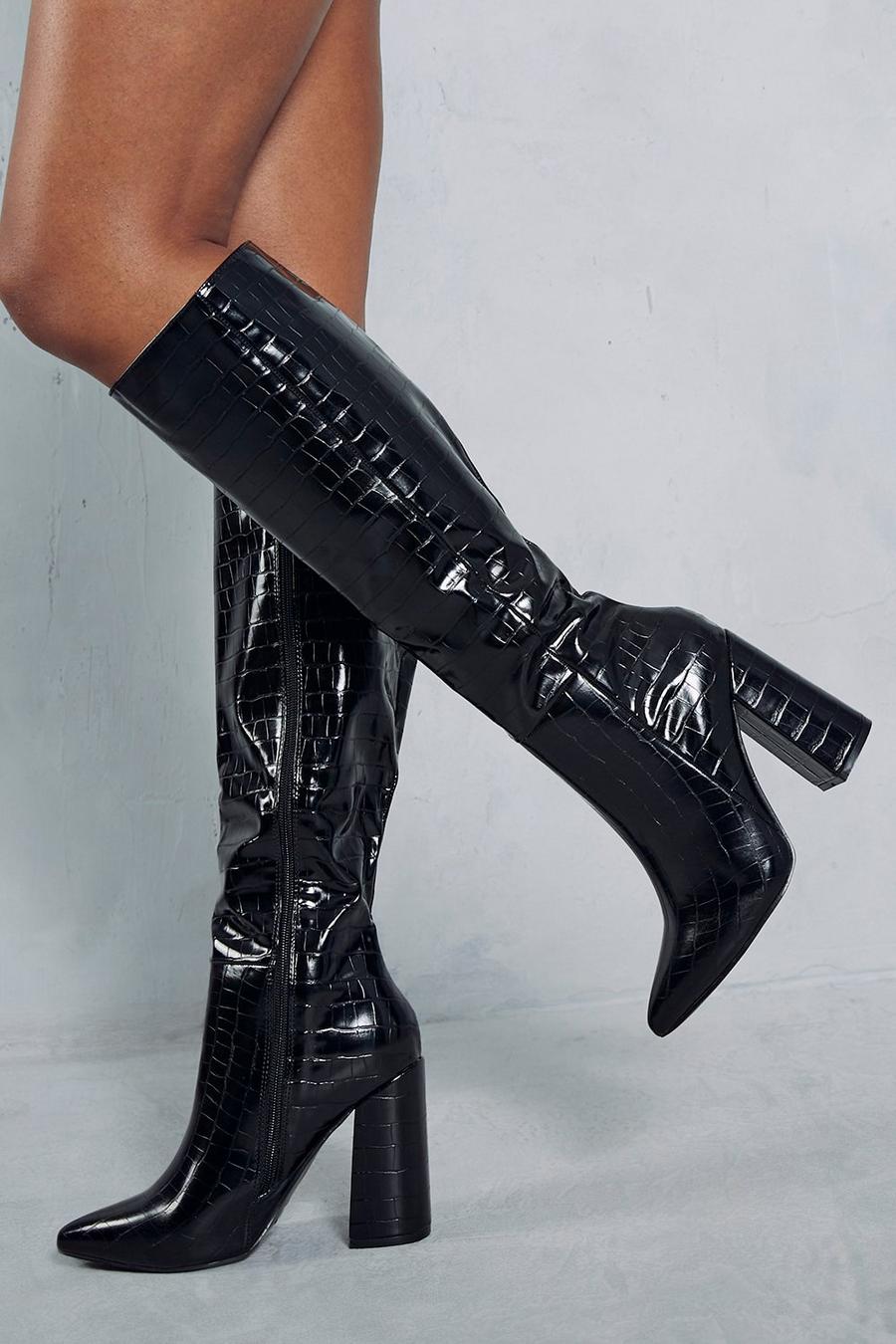 Black Croc Leather Look Knee High Block Heel Boots