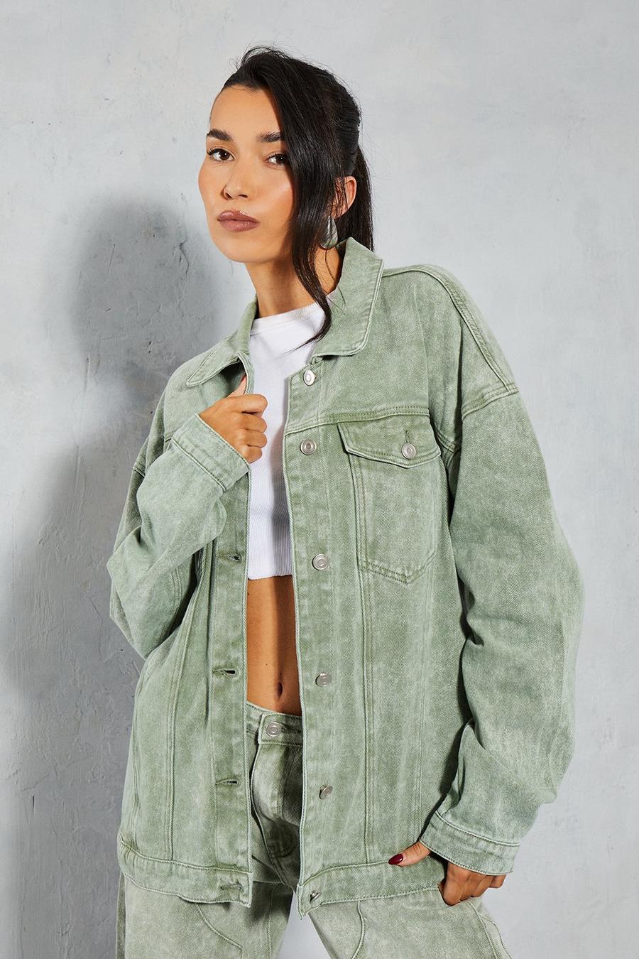 Green Denim Acid Wash Oversized Jacket image number 1