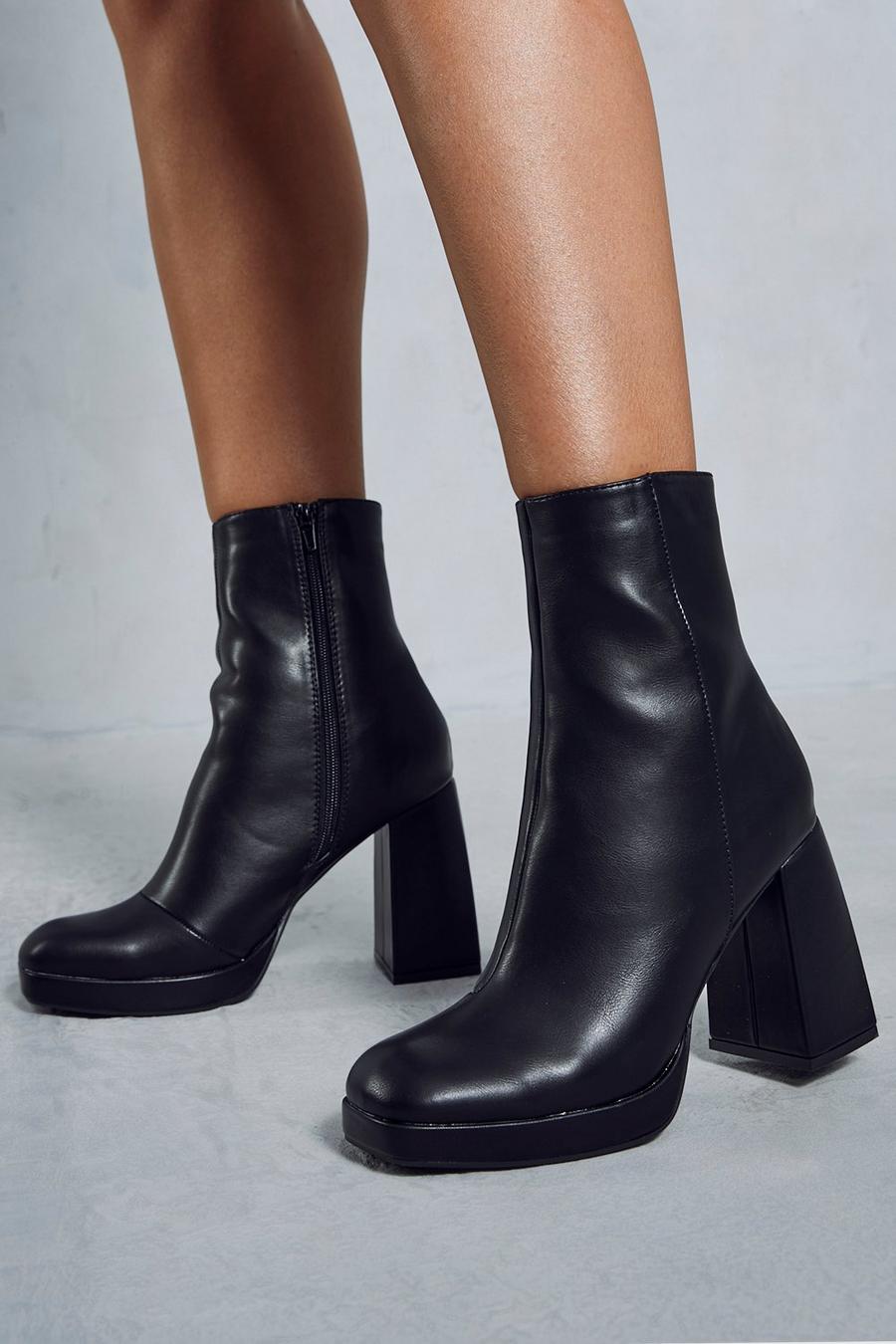 Black Leather Look Block Heel Ankle Boots