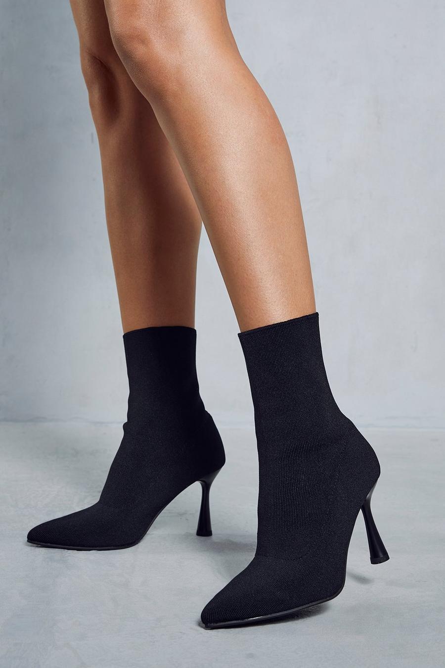 Black Pointed Knit High Heel Ankle Boots