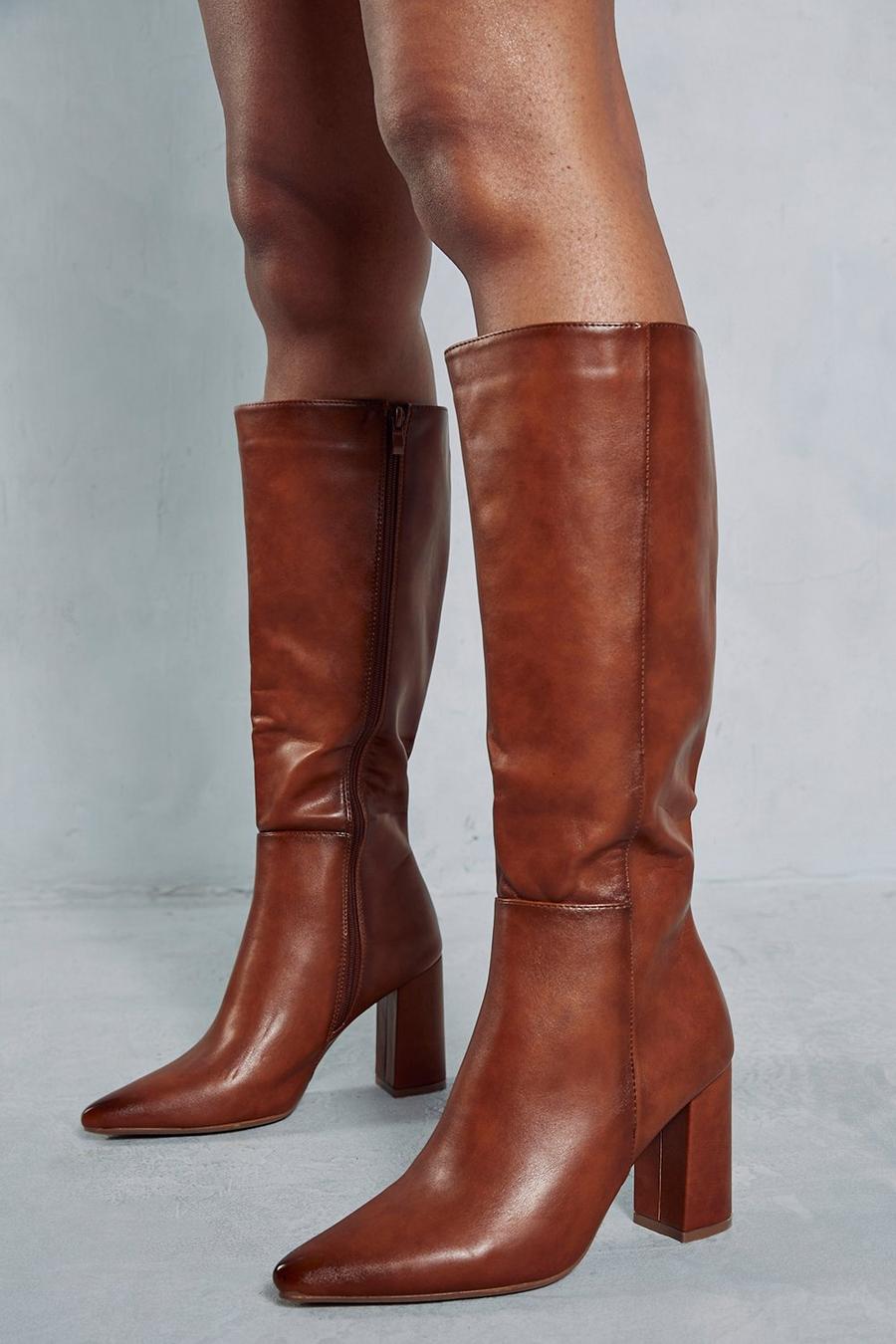 Brown Leather Look Block Heel Knee High Boots image number 1