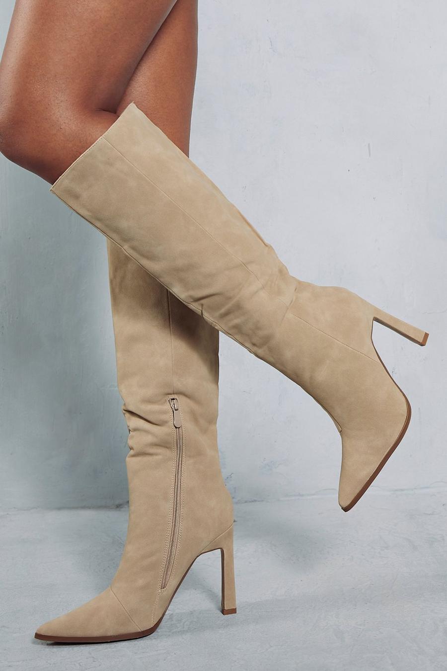 Nude Faux Suede Knee High Boots image number 1