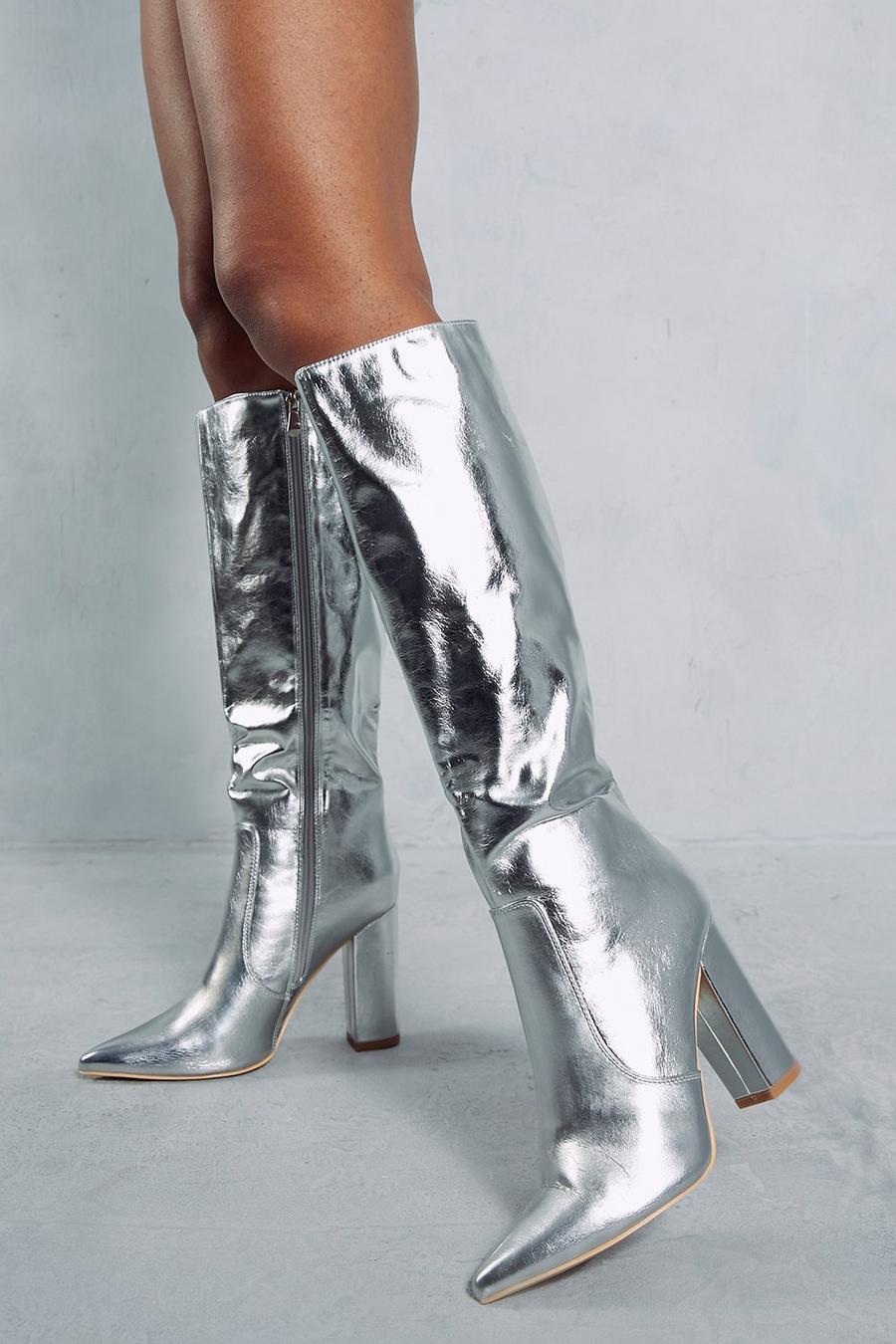 Silver Leather Look Metallic Knee High Boots image number 1