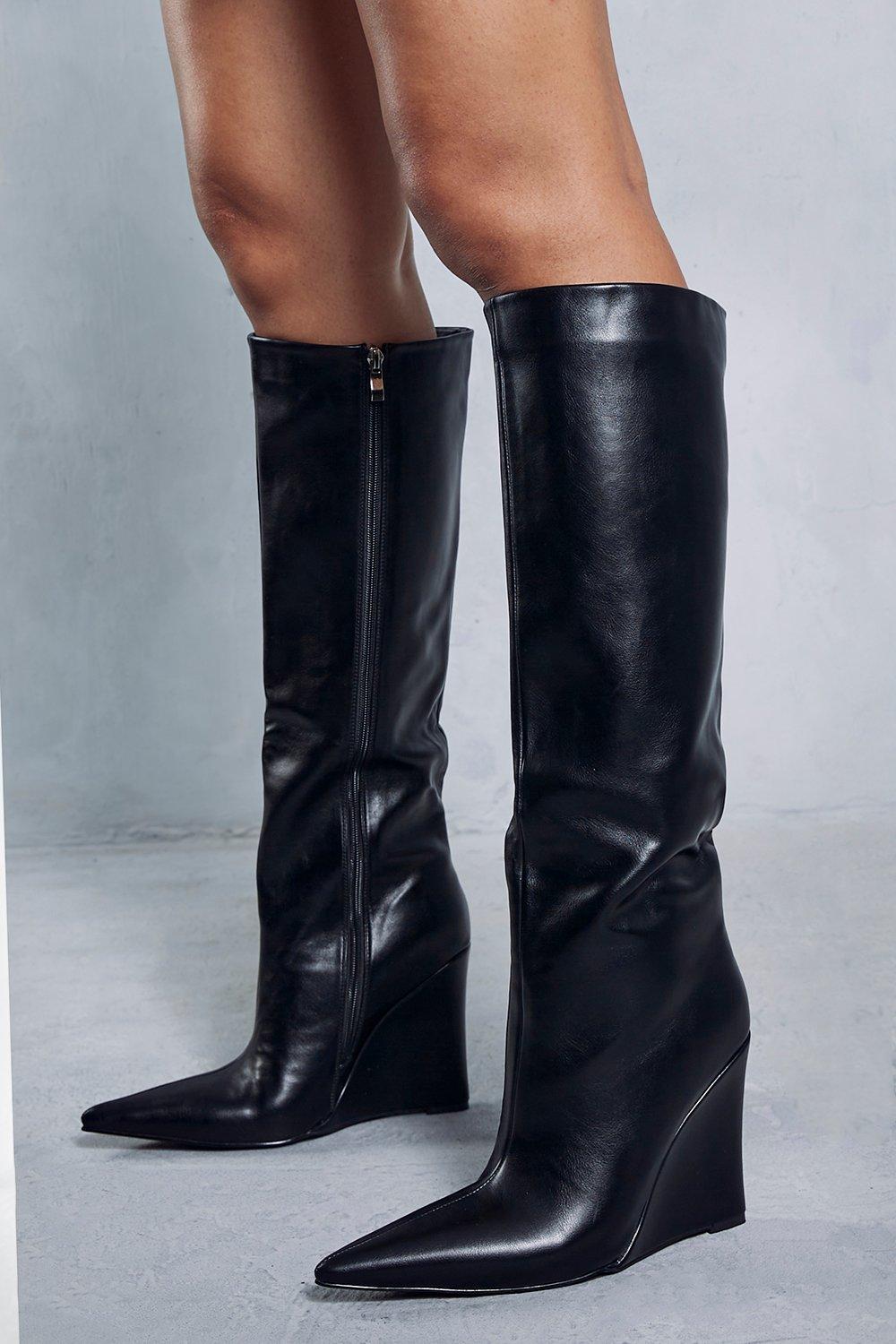 Leather Look Knee High Wedge Boots