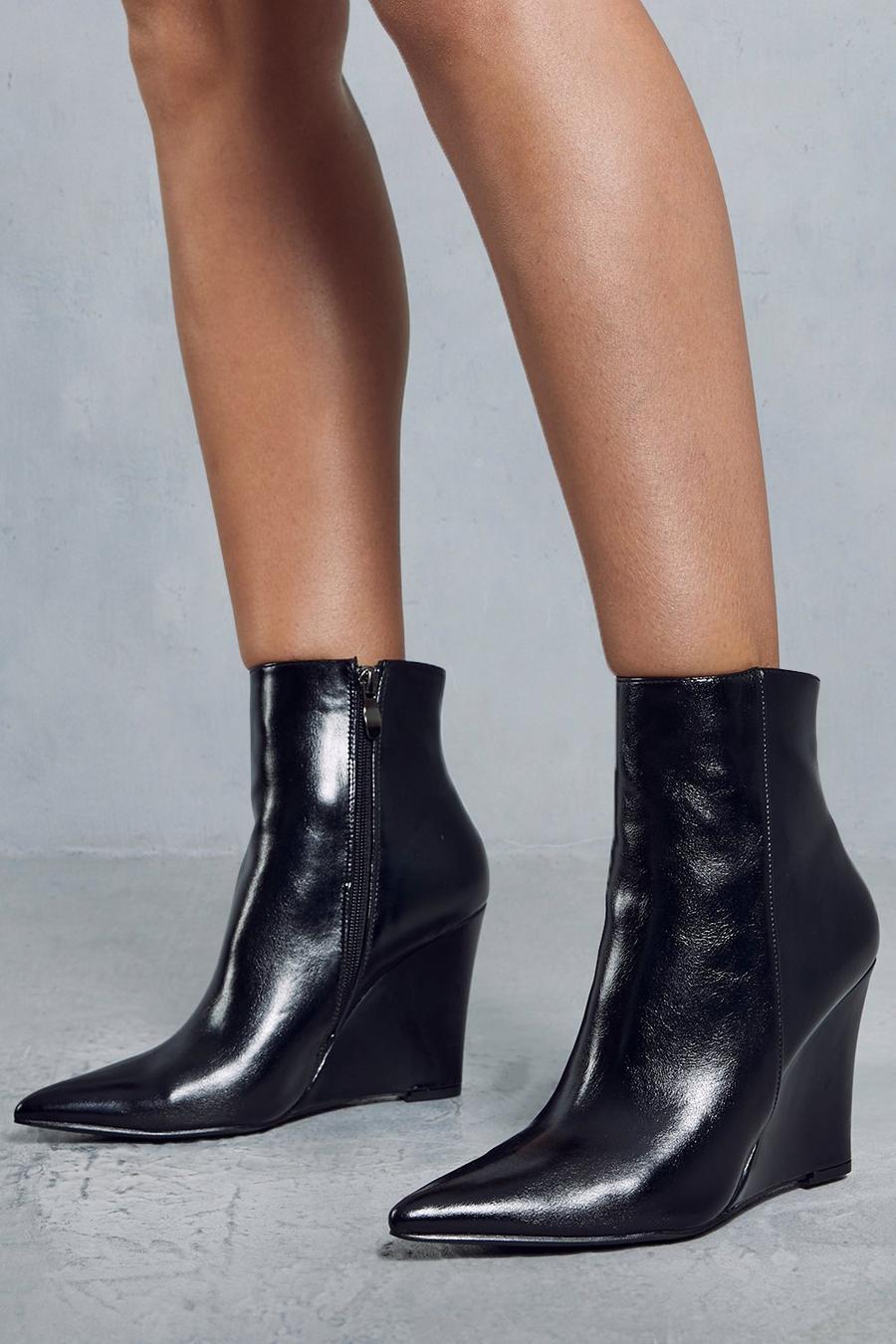 Black Leather Look Wedge Heel Ankle Boots