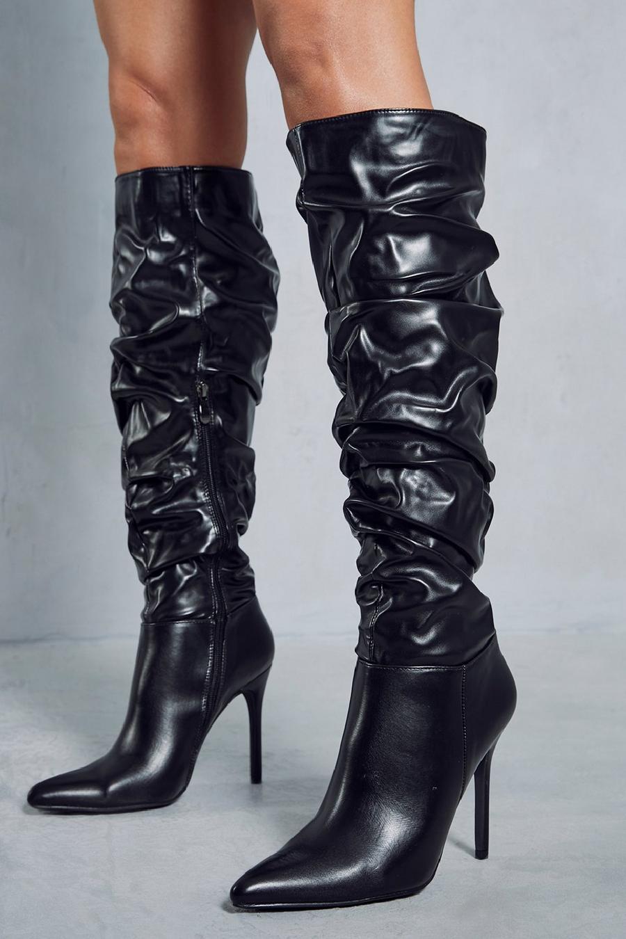 Black Leather Look Ruched Heeled Boots