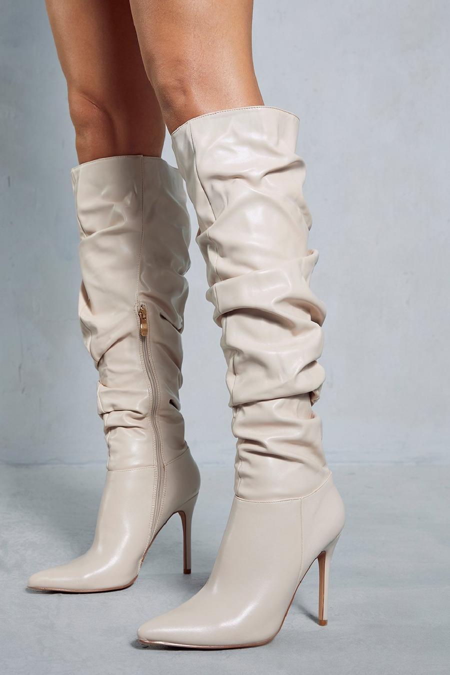 Cream Leather Look Ruched Heeled Boots