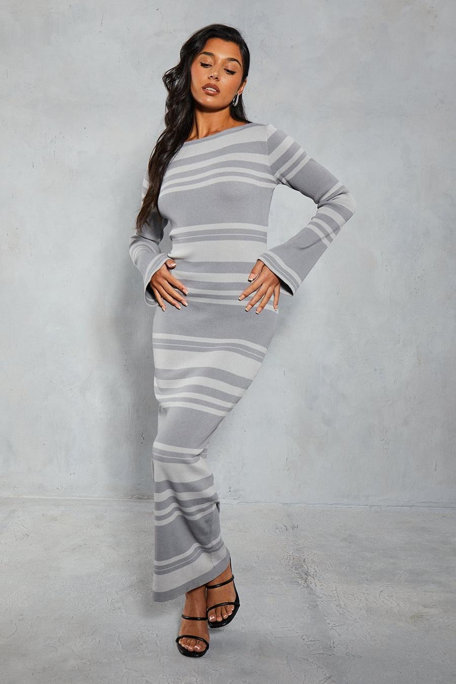Grey Premium Knitted Stripe Maxi Dress image number 1