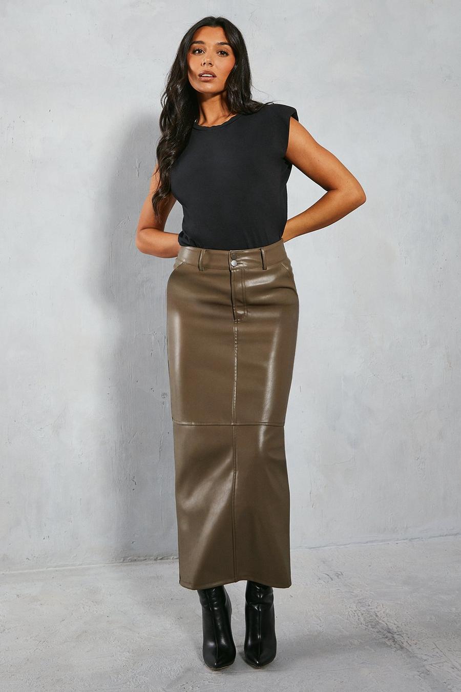 Khaki Leather Look Column Maxi Skirt image number 1