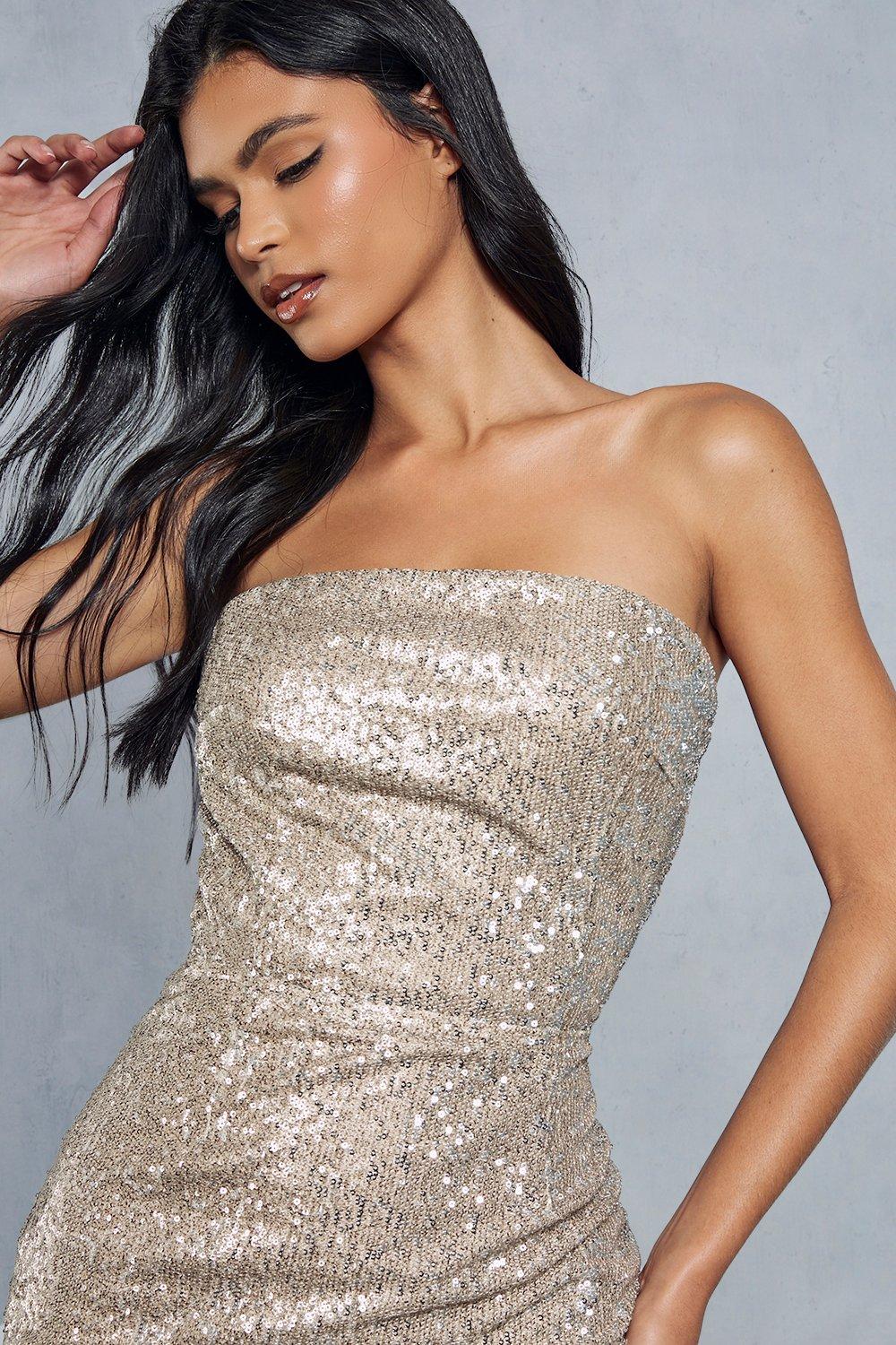 Sequin Bandeau Shaped Hem Mini Dress