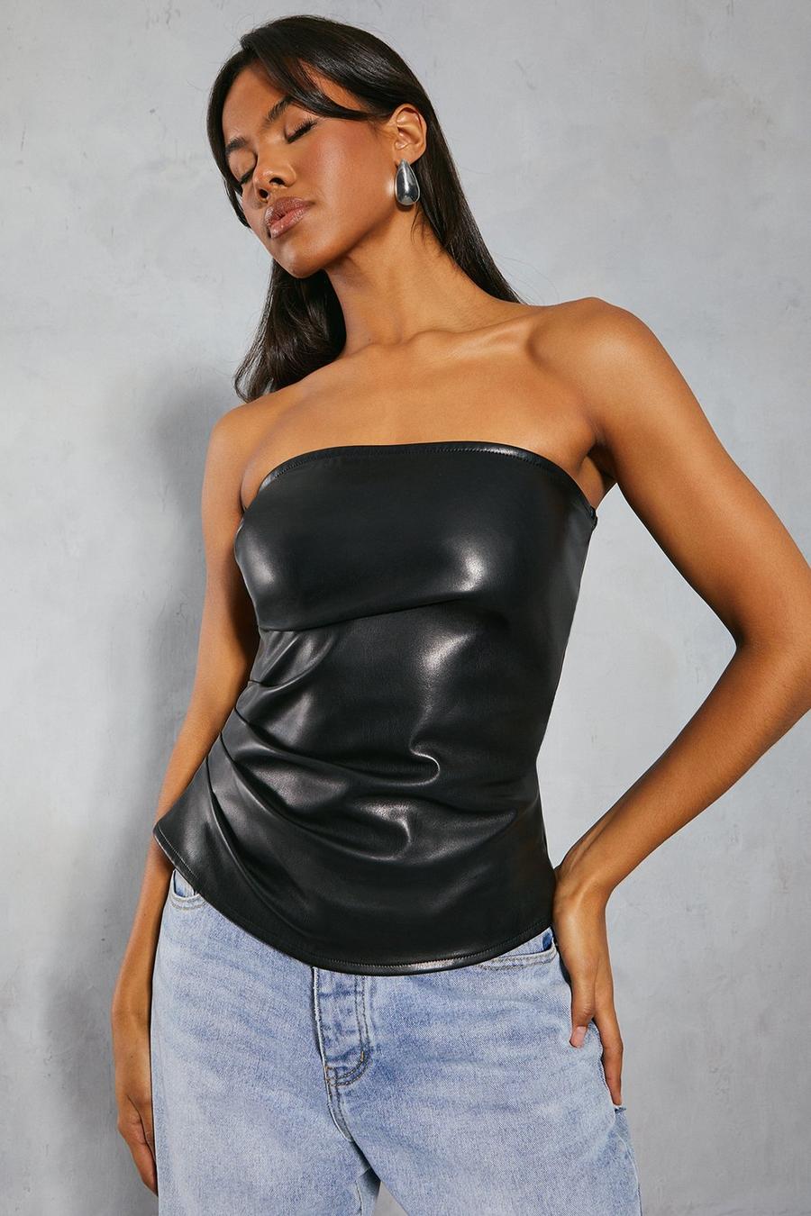 Black Leather Look Ruched Bandeau Top image number 1