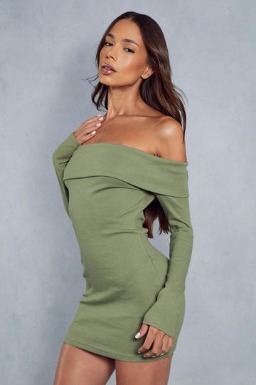 Ribbed Off The Shoulder Long Sleeve Mini Dress khaki