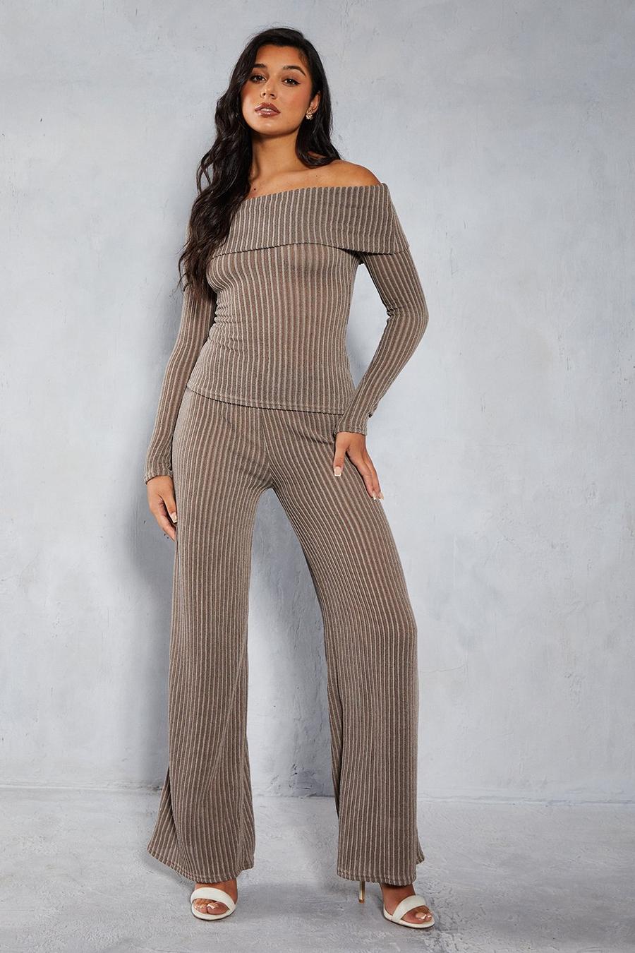 Taupe Contrast Rib Bardot Wide Leg Co Ord image number 1