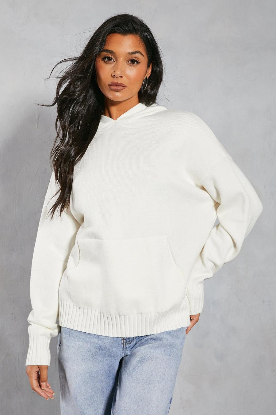 White Premium Knitted Oversized Hooded Jumper  image number 1