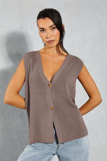 Knitted Boxy Oversized Plunge Front Buttoned Waistcoat mocha