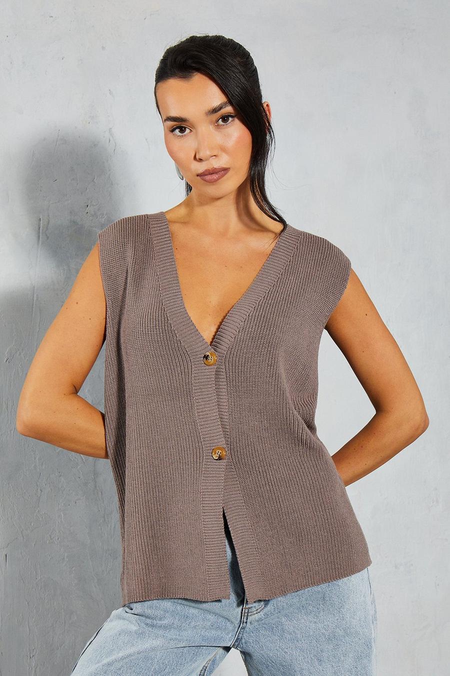 Mocha Knitted Boxy Oversized Plunge Front Buttoned Waistcoat  image number 1