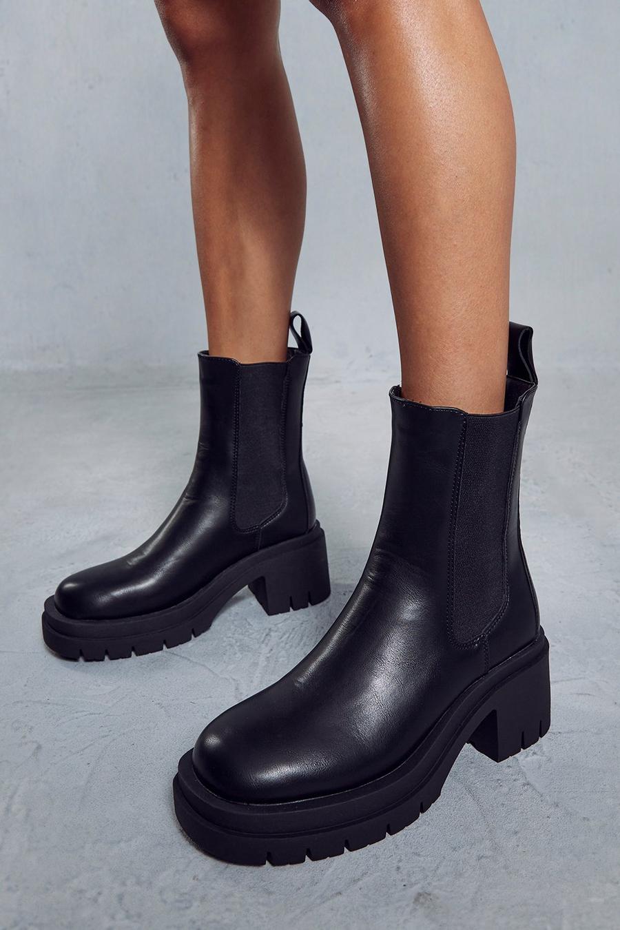 Black Leather Look Chunky Ankle Boots image number 1