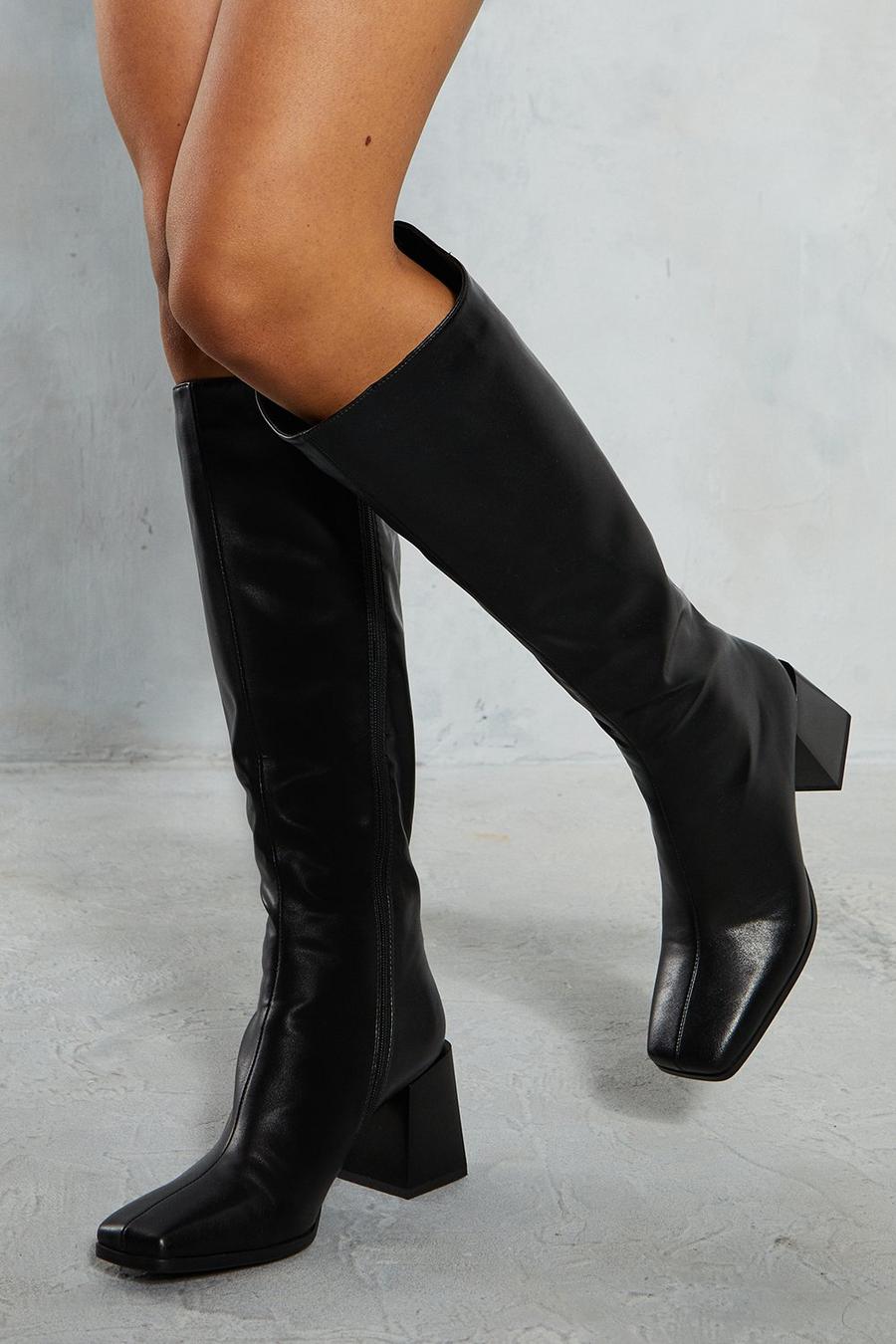 Black Leather Look Square Toe Boots