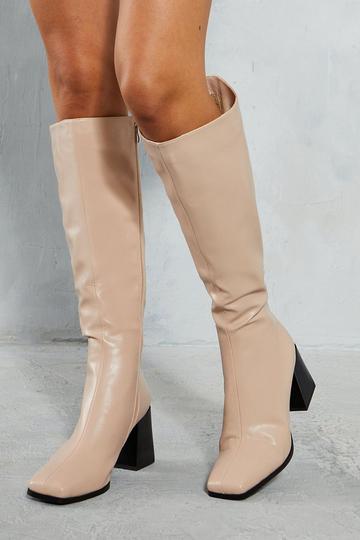 Leather Look Square Toe Boots cream