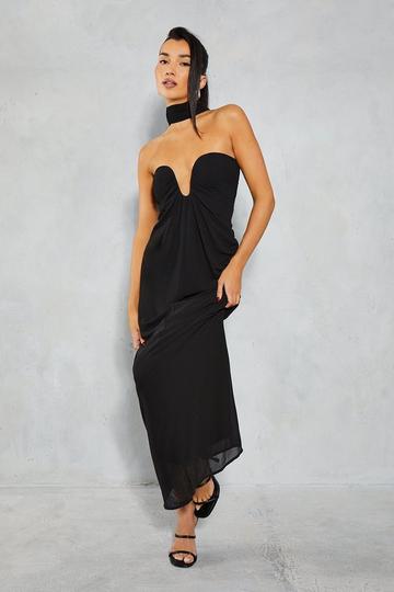 Chiffon Plunge Neckline Choker Neck Draped Maxi Dress black