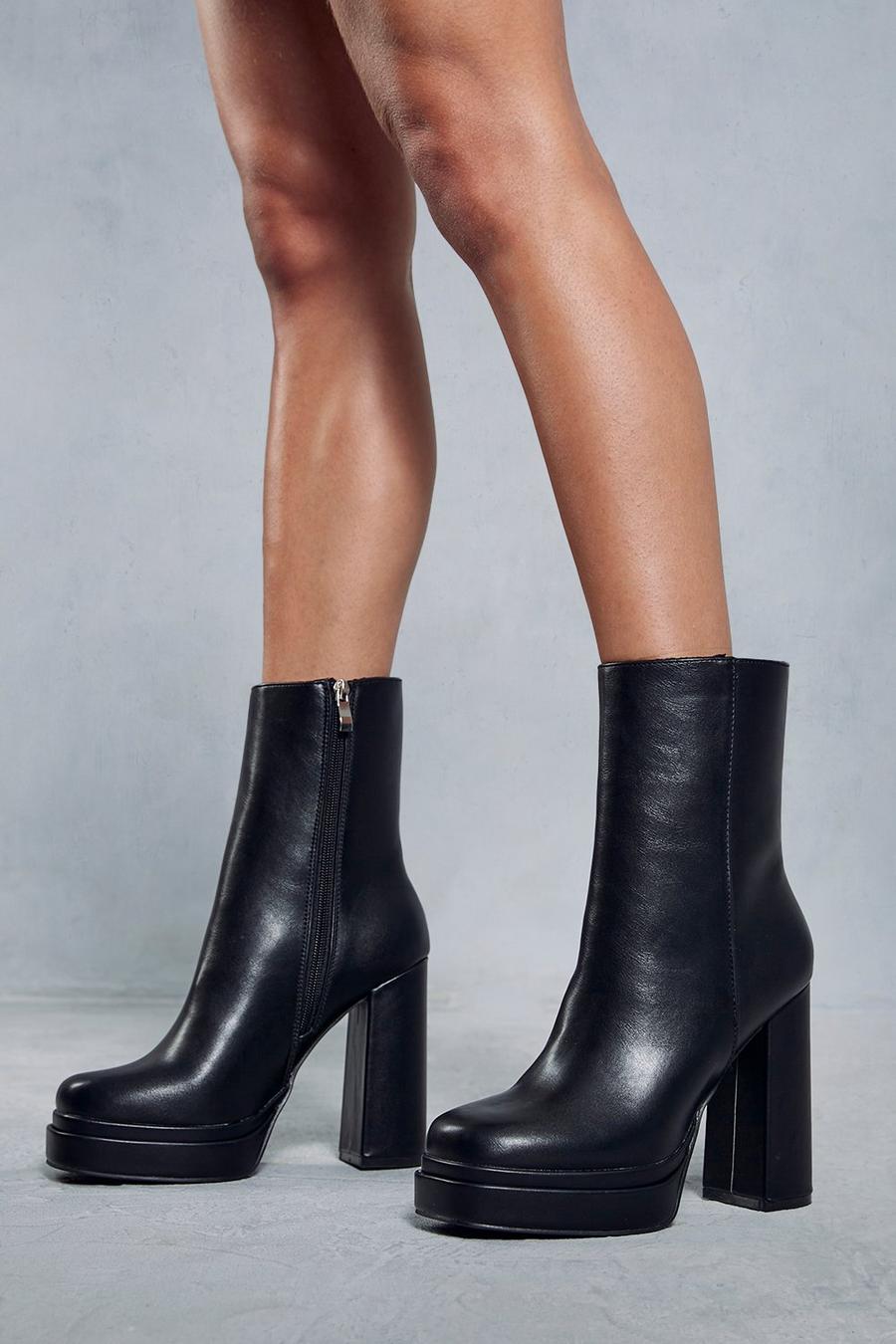 Black Leather Look Platform Block Heel Boots