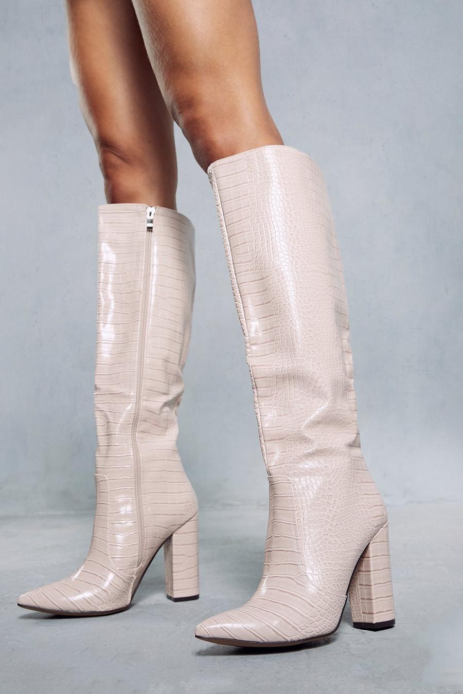 Nude Leather Look Knee High Croc Boots
