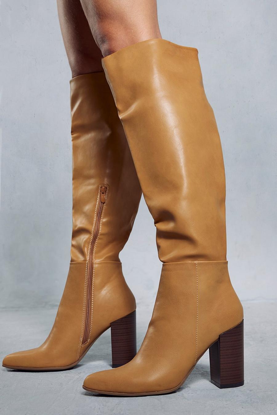 Camel Leather Look Knee High Block Heel Boots