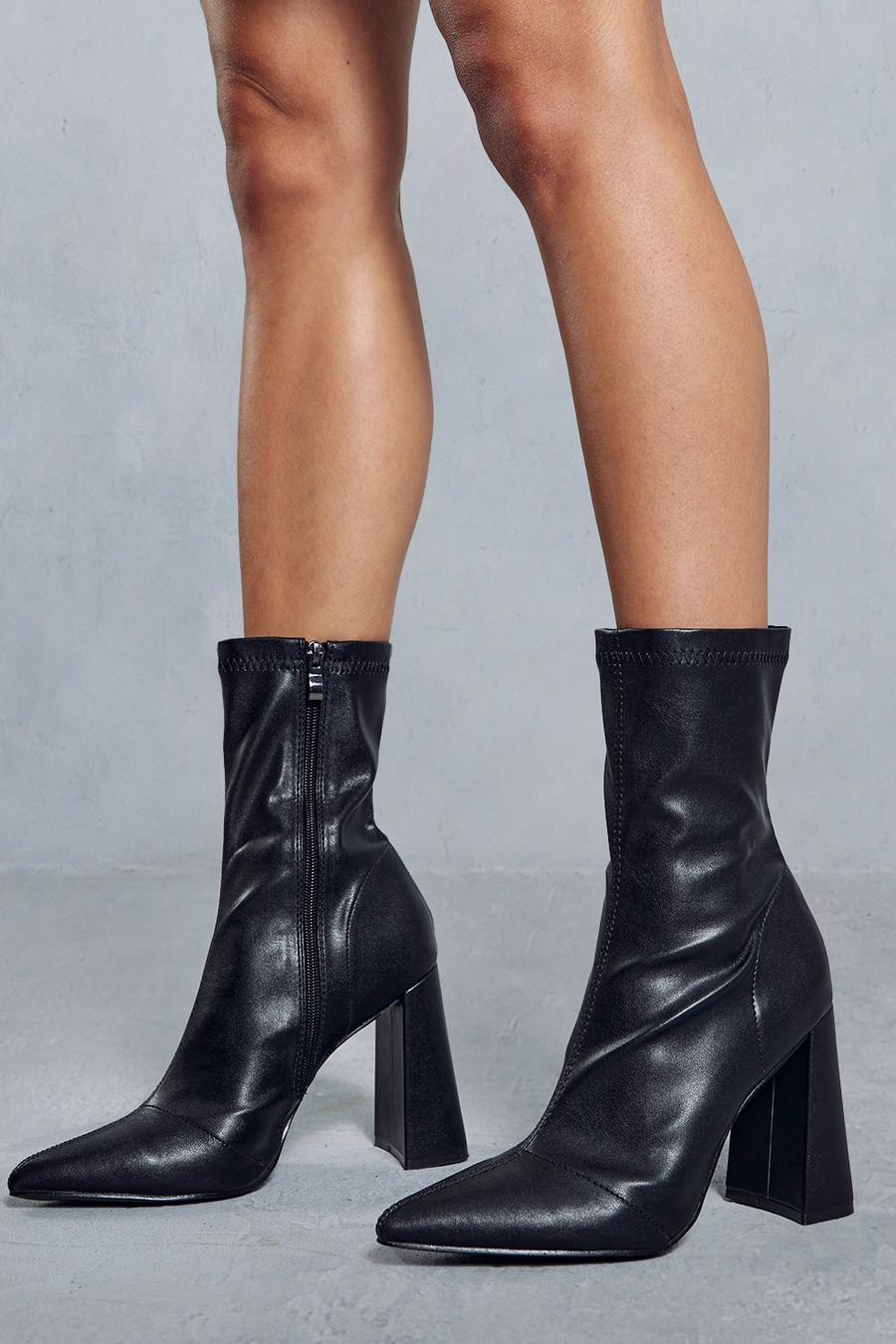 Black Leather Look Pointed Block Heel Boots image number 1