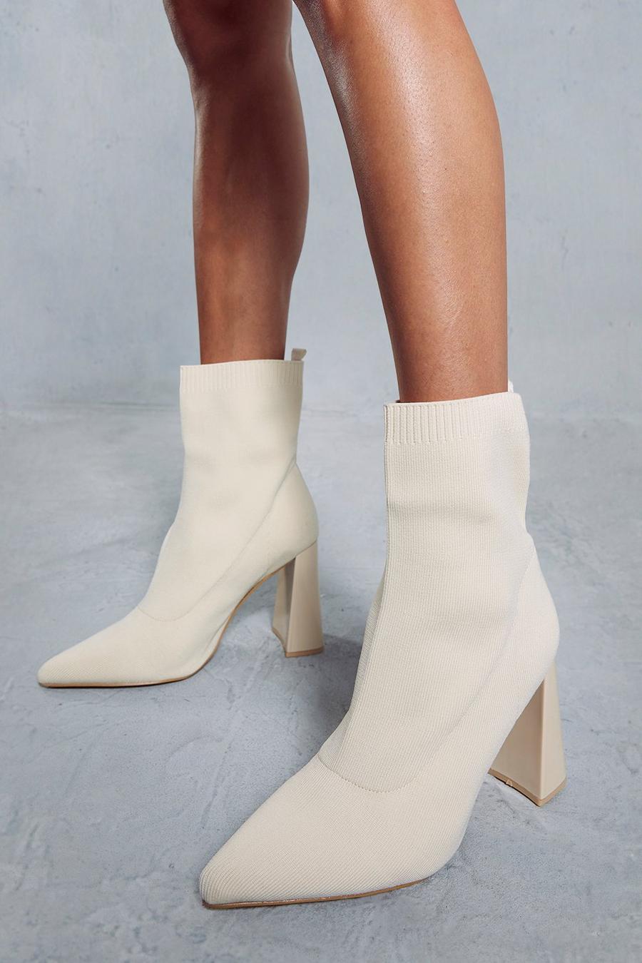 Cream Knitted Block Heel Ankle Boots image number 1