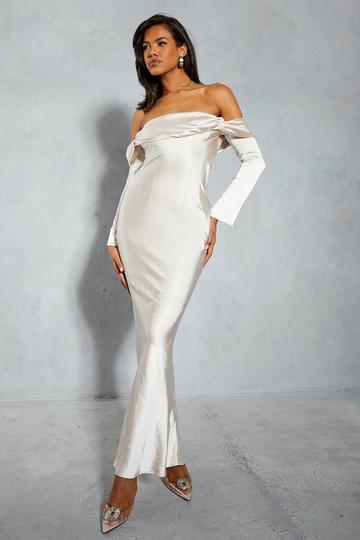 Satin Bardot Flared Sleeve Maxi Dress nude