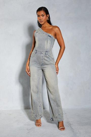 Denim Deconstructed One Shoulder Jumpsuit vintage wash
