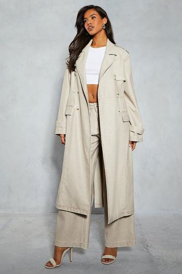 Stone Beige Leather Look Longline Belted Trench Coat