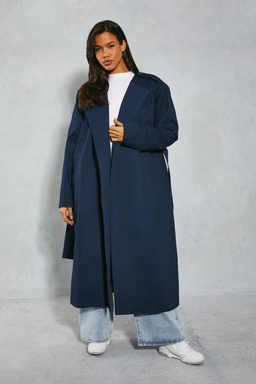 Blue Pleated Structured Shoulder Trench Coat