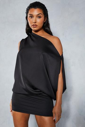 Black Satin Off Shoulder Asymmetric Bodycon Mini Dress